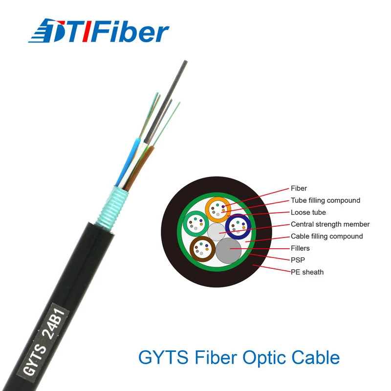 GYTS outdoor fiber optic cable with a labeled cross-section showing loose tubes, central strength member, PSP steel tape, and PE sheath