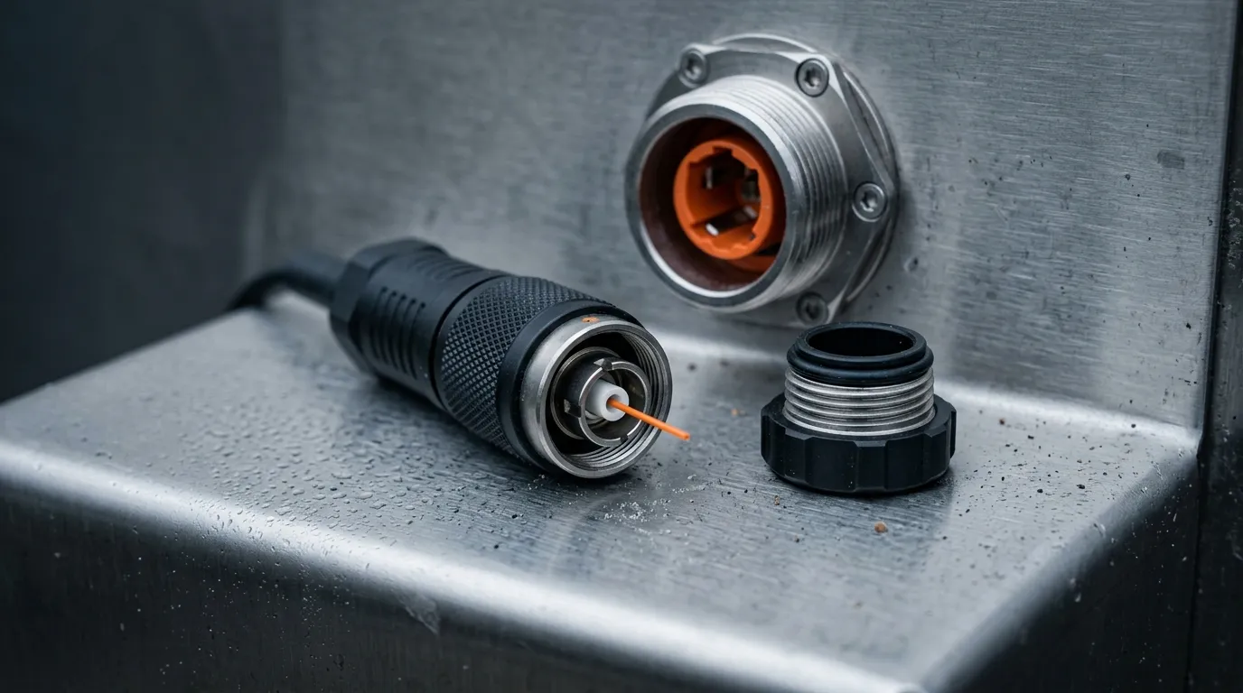 Rugged fiber-optic connector lifted from a sealed panel outlet with its protective cap set aside, the state in which no IP rating applies