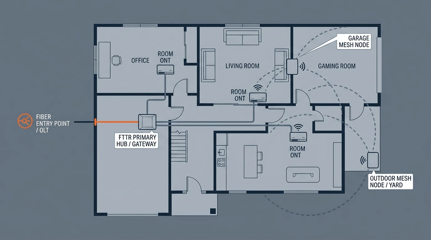 Hybrid topology diagram: FTTR fiber backbone to key rooms with mesh nodes covering peripheral zones, technical schematic, cool gray-blue with safety-orange accents