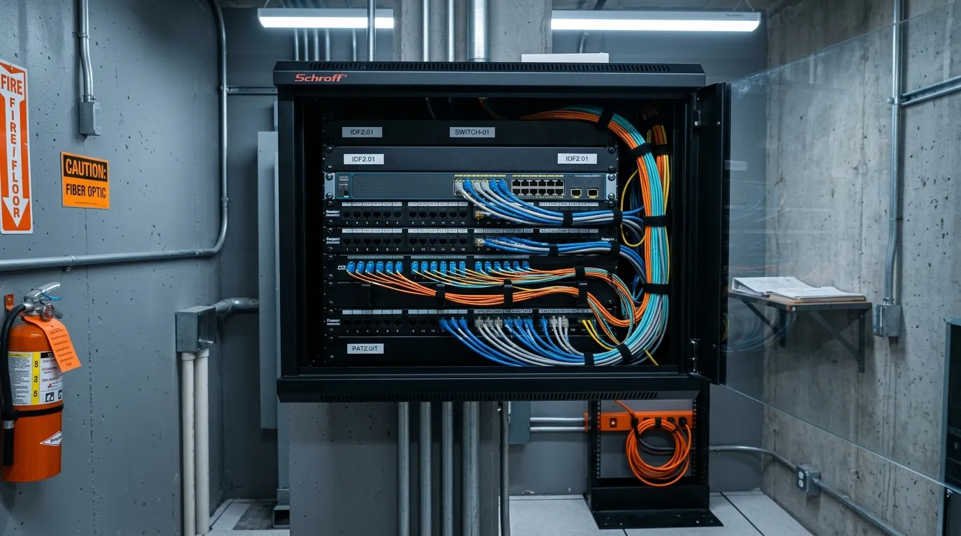 Intermediate distribution frame closet with access switch, patch panels, and fiber optic connections on a floor