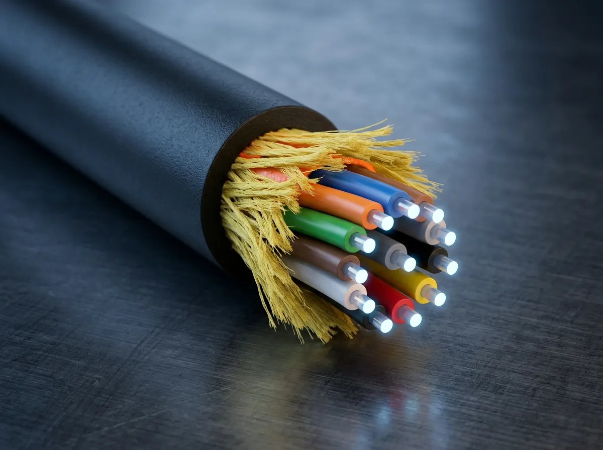 Cutaway render of a tight-buffered indoor fiber cable showing jacket, aramid yarn, buffered fibers and glass core