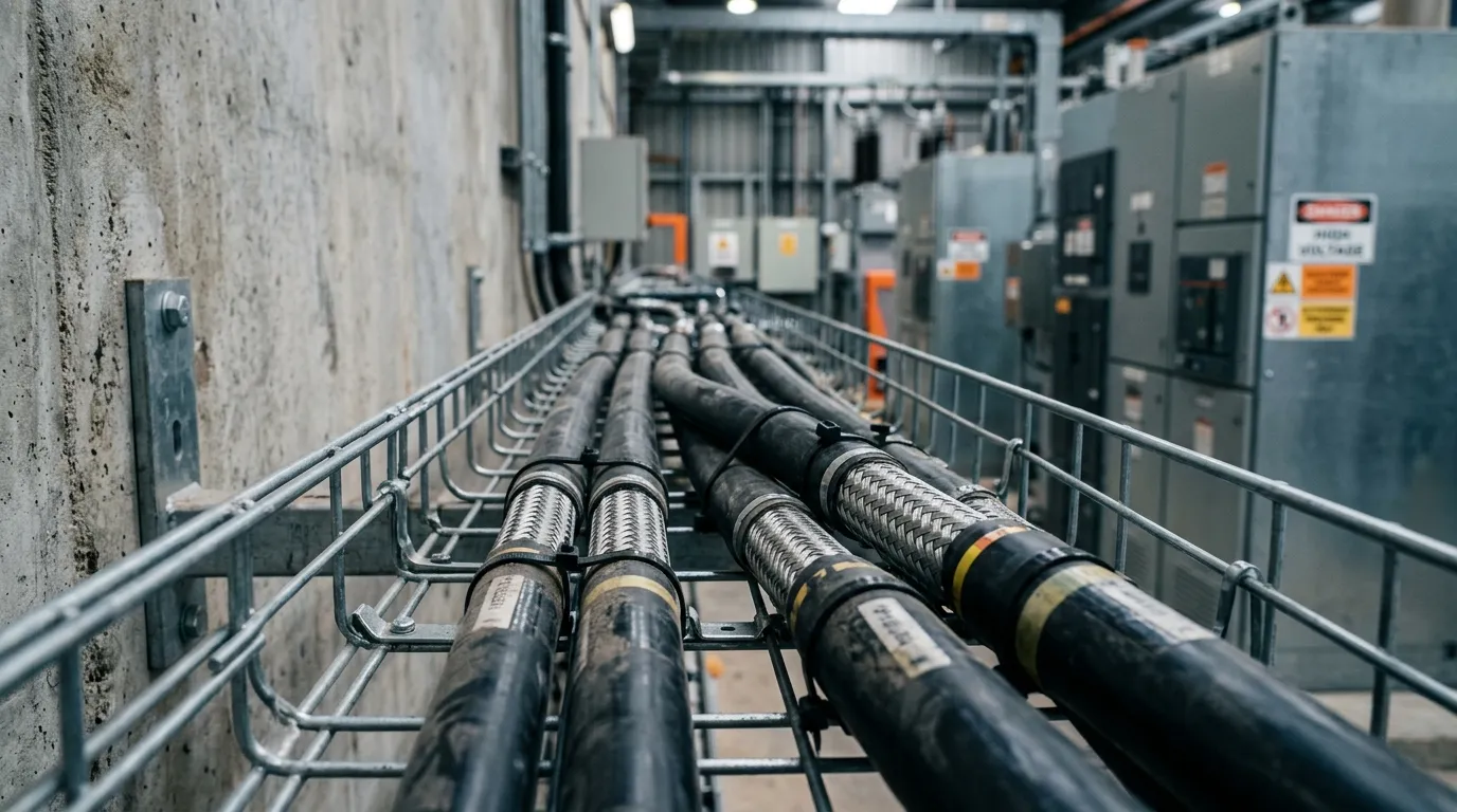 Armored fiber optic cable installed in a cable tray inside an industrial substation
