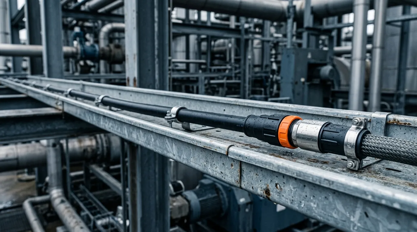 Mated sealed fiber-optic connectors clamped to a steel cable tray in a heavy-industrial plant, the deployment IP67 and IP68 are written for