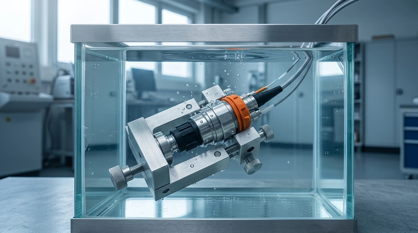 Sealed fiber-optic connector assembly clamped in a jig and immersed in a test tank, illustrating the IPX8 continuous-immersion test
