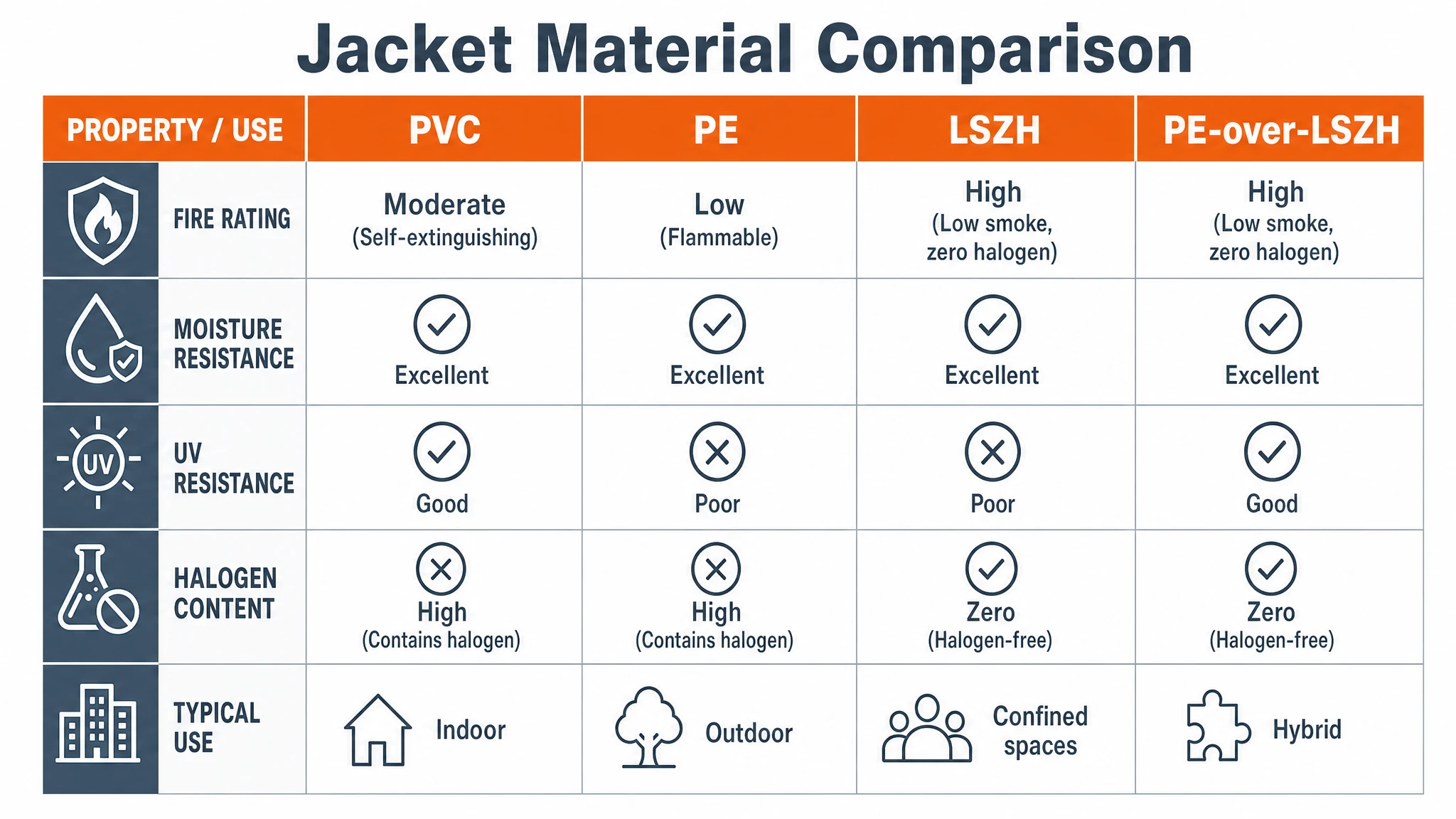Fiber optic cable jacket materials compared by fire rating, moisture and UV resistance, and halogen content