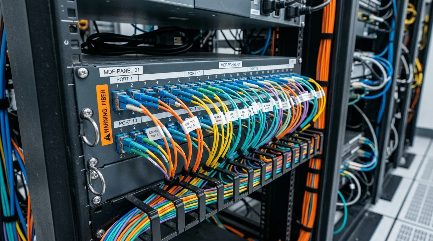 Main distribution frame room with server racks, fiber optic patch panels, and neatly managed patch cables