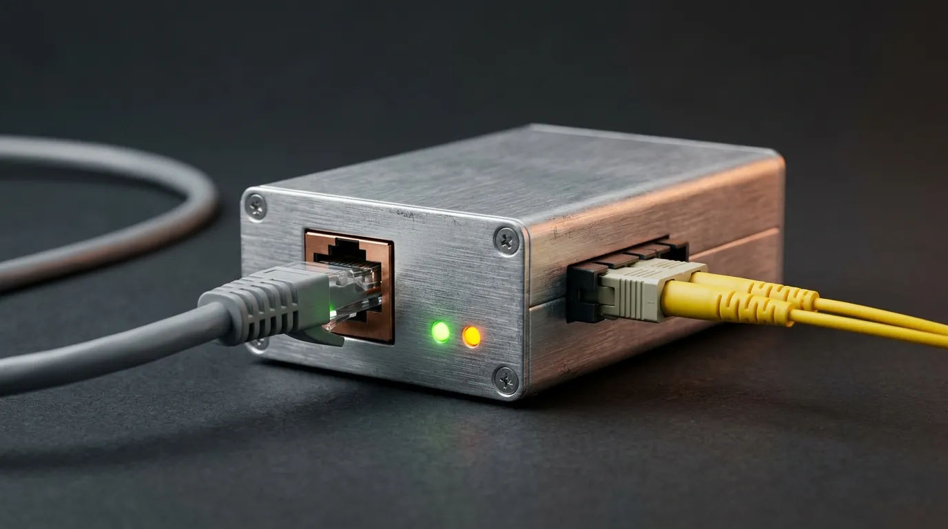 Standalone fiber media converter with RJ45 copper port and SC fiber port joined by a duplex patch cord, link LEDs lit