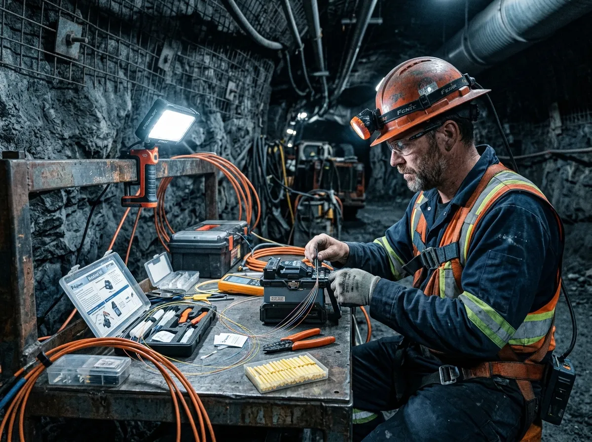 Technician splicing and terminating fiber optic cable with a breakout kit at an underground mine site