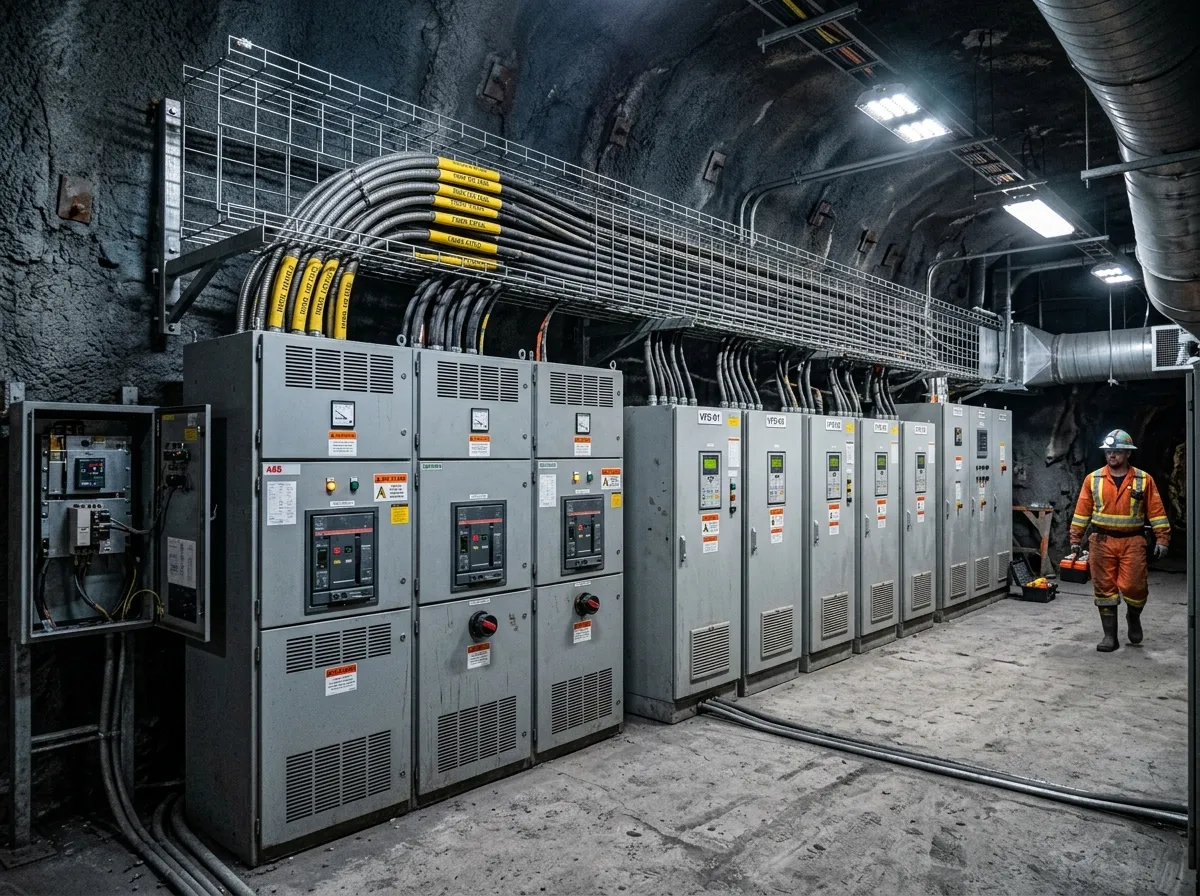 Mine high-voltage switchgear and variable-frequency drives beside a fiber optic backbone cable