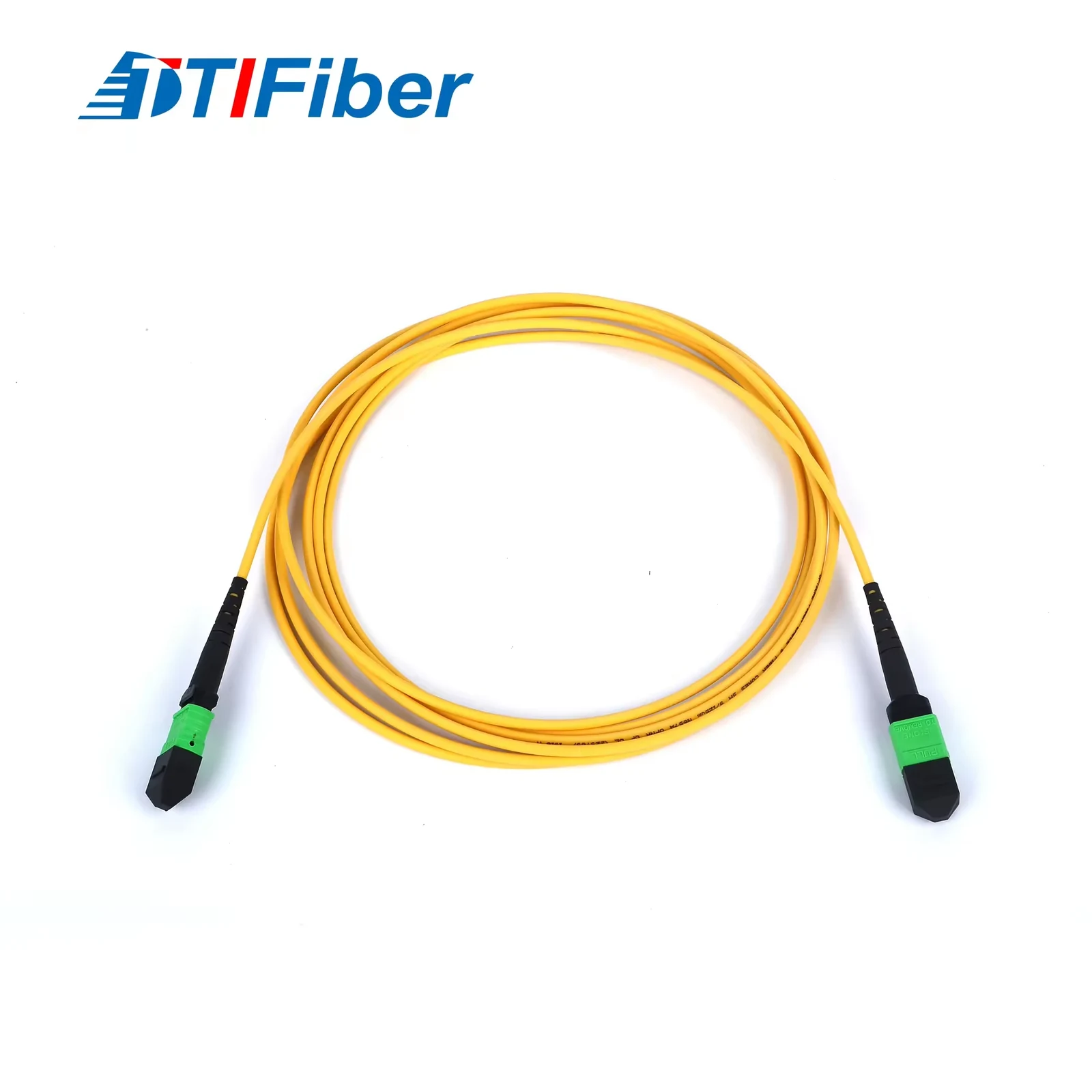 MPO/MTP singlemode trunk patch cord with green APC array connectors, the cable whose polarity method has to match the panel cassettes