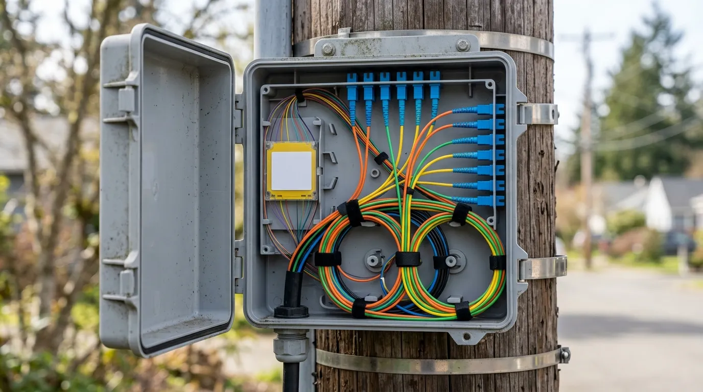 Pole-mounted fiber optic distribution box open to show a PLC splitter module, blue SC connectors and coiled coloured drop cables forming an ODN access point