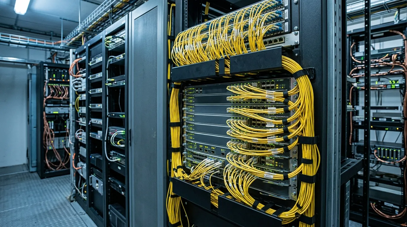 Rack-mounted optical line terminal with PON line cards and yellow single-mode fiber patch cords routed to a patch panel in a telecom central office