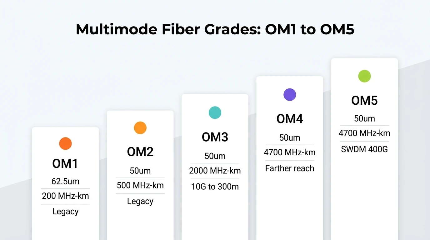 Multimode fiber grades OM1 to OM5 compared by core size, effective modal bandwidth and status