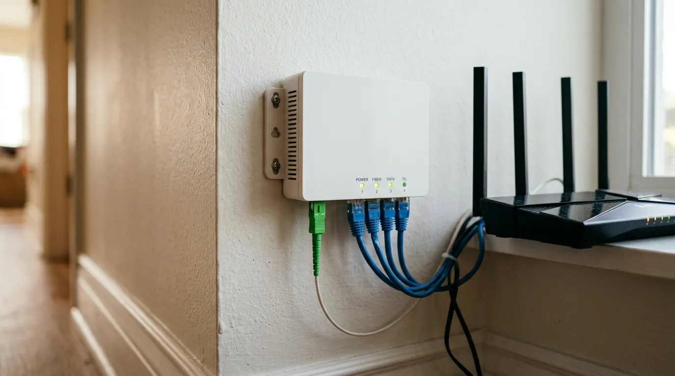 Wall-mounted white optical network terminal with a green SC/APC fiber inlet, status LEDs, Ethernet ports and cables running to a Wi-Fi router