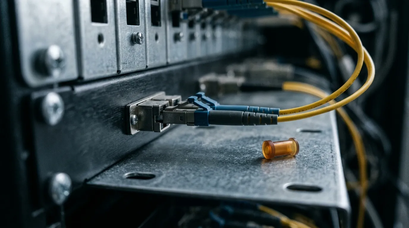 Close-up of an LC connector mated into a rack patch panel adapter, with a dust cap resting beside it