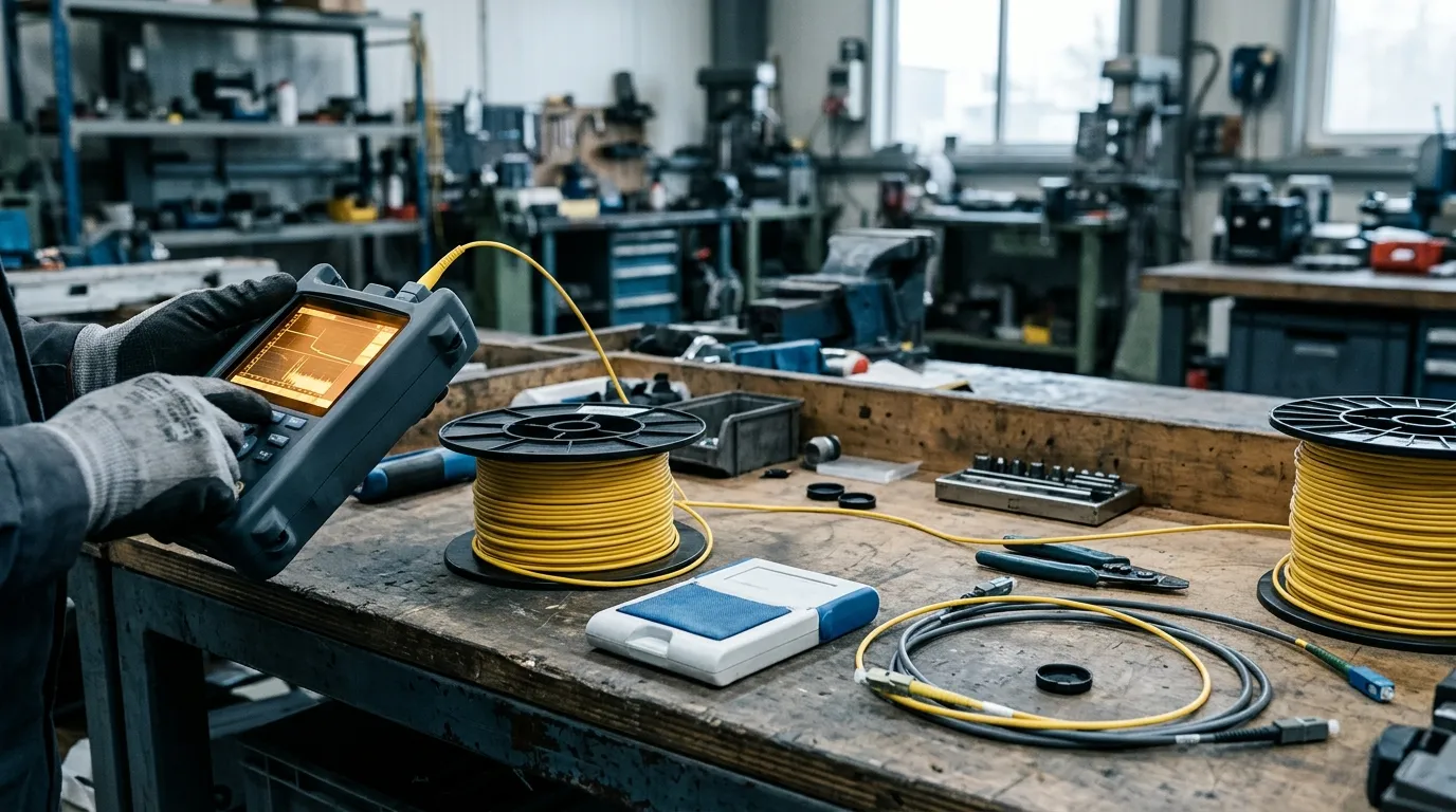 Bench setup with an OTDR connected through a coiled launch spool of yellow fiber running to a second coil at the far end