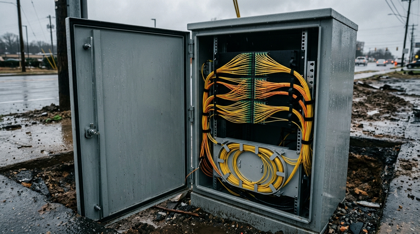 Open passive fiber distribution cabinet in a wet street showing rack-mounted splitter modules and dressed pigtails, with no power supply