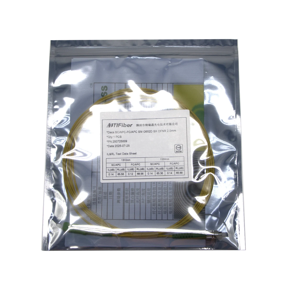 Factory insertion loss and return loss test data sheet supplied with a finished fiber patch cord