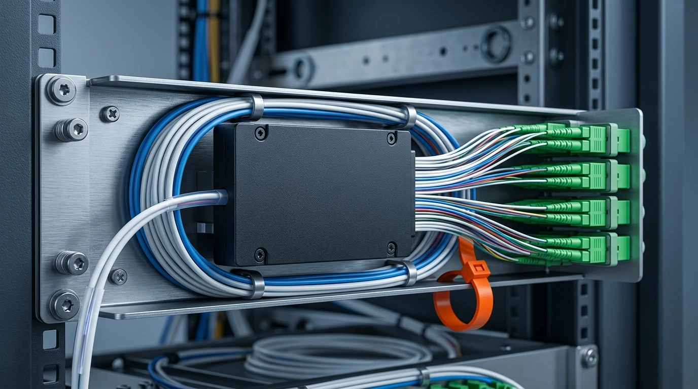 1x32 PLC splitter module with SC/APC pigtails mounted in a fiber distribution frame