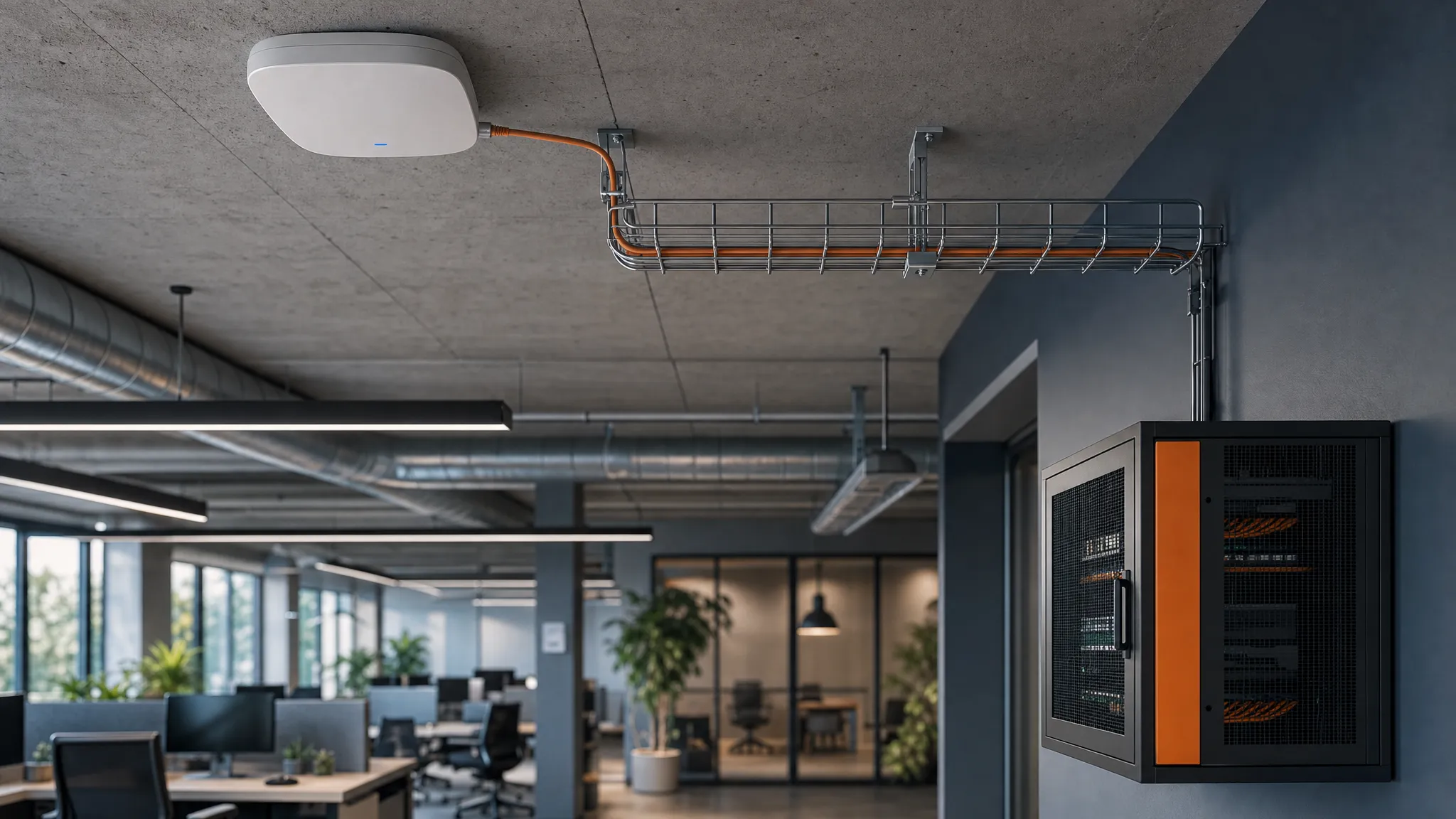 Ceiling-mounted wireless access point powered and connected over a single copper Ethernet cable run from a rack switch