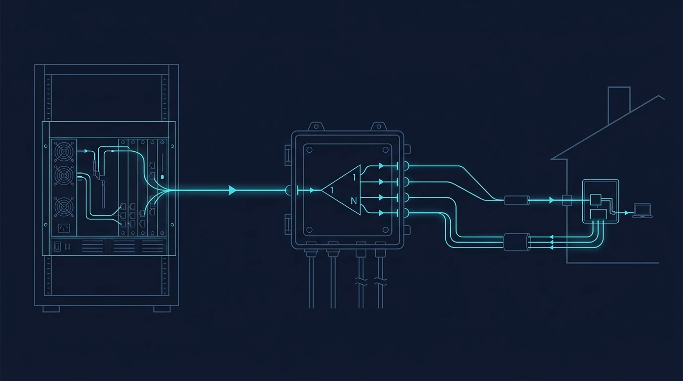 Engineering schematic of a passive optical network: an OLT chassis, a 1-to-N splitter and distribution box, and an ONT at a house