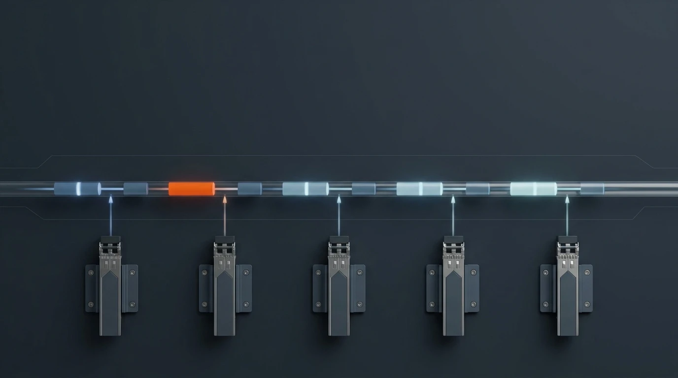 Abstract schematic of PON upstream time-division sharing, where several ONTs transmit in assigned slots on one fiber