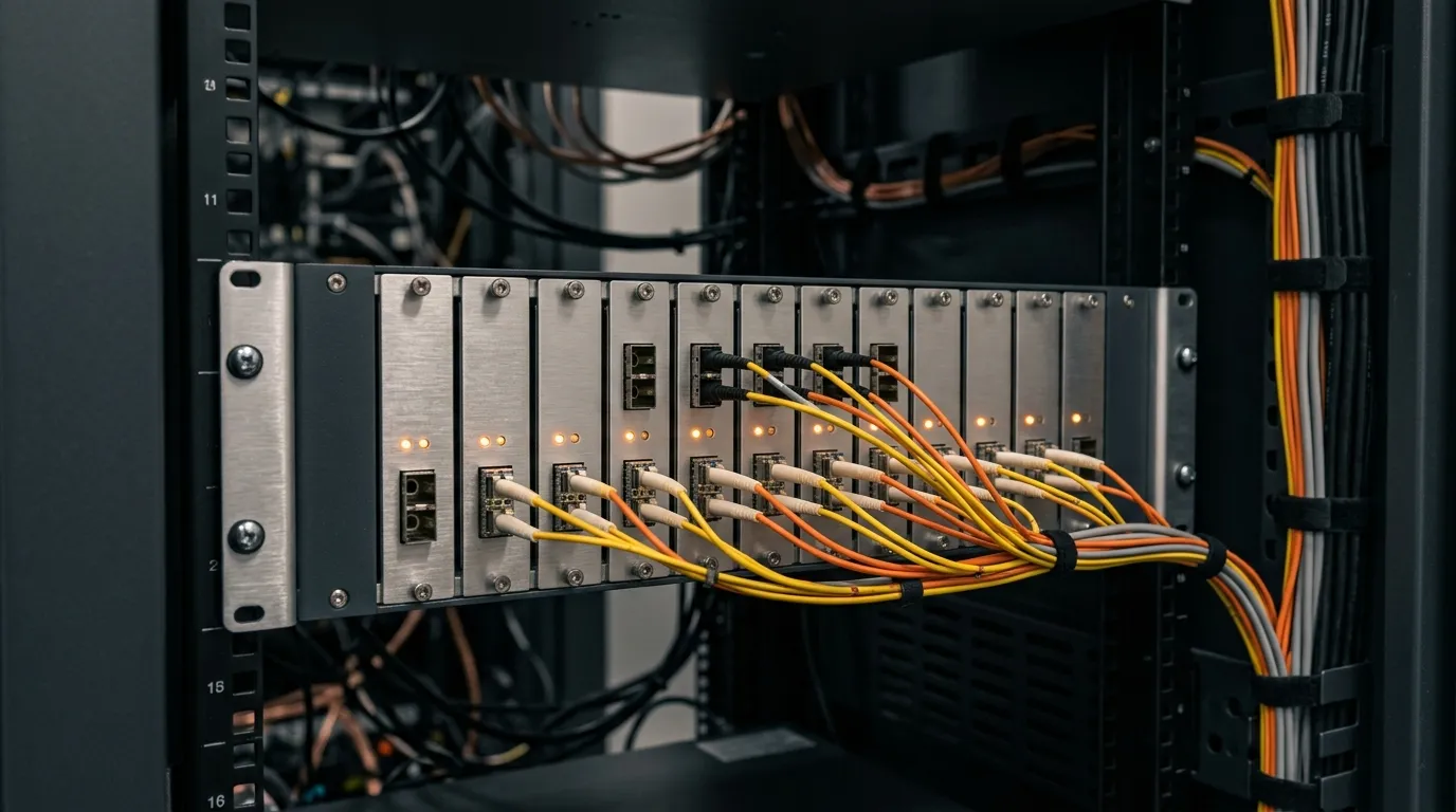 Rack-mount media converter chassis with converter cards installed in a 19-inch network cabinet
