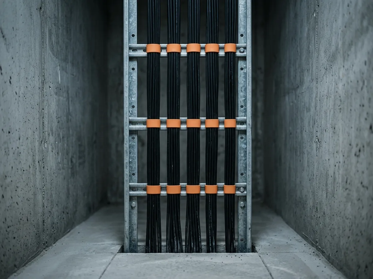 Bundled indoor fiber cables clipped to a vertical steel tray inside a concrete riser shaft