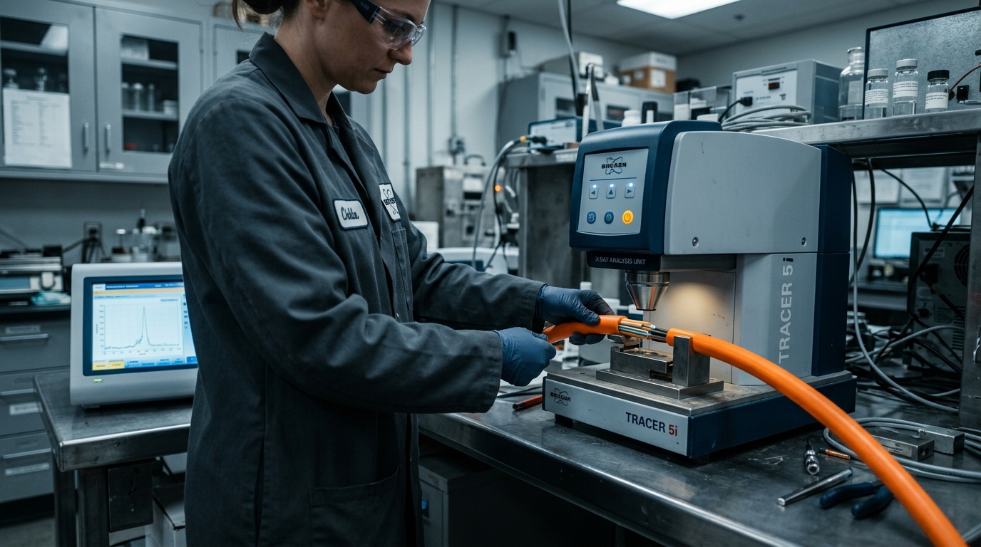 Technician testing a fiber optic cable sample with an X-ray fluorescence spectrometer for RoHS restricted substance analysis