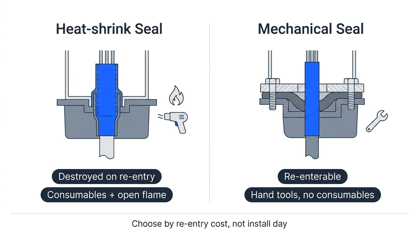 Comparison of a heat-shrink cable seal, destroyed on re-entry and needing consumables and an open flame, against a mechanical bolted-gasket seal that is re-enterable with hand tools and no consumables