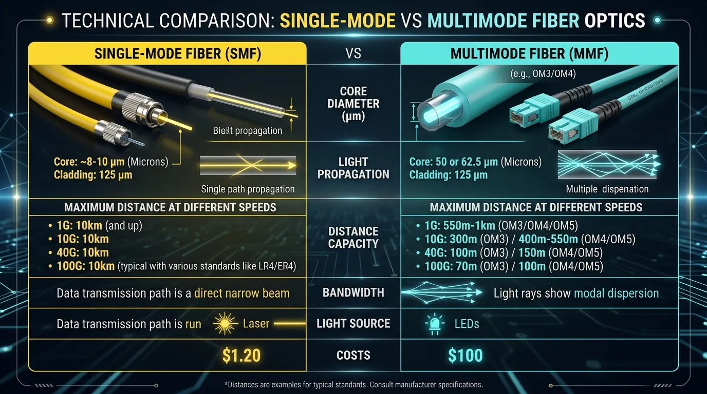 Comparison table of single-mode fiber versus multimode fiber specifications