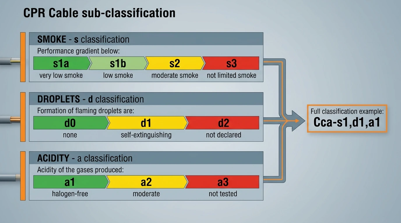 CPR sub-classification diagram showing smoke (s), droplets (d), and acidity (a) rating levels
