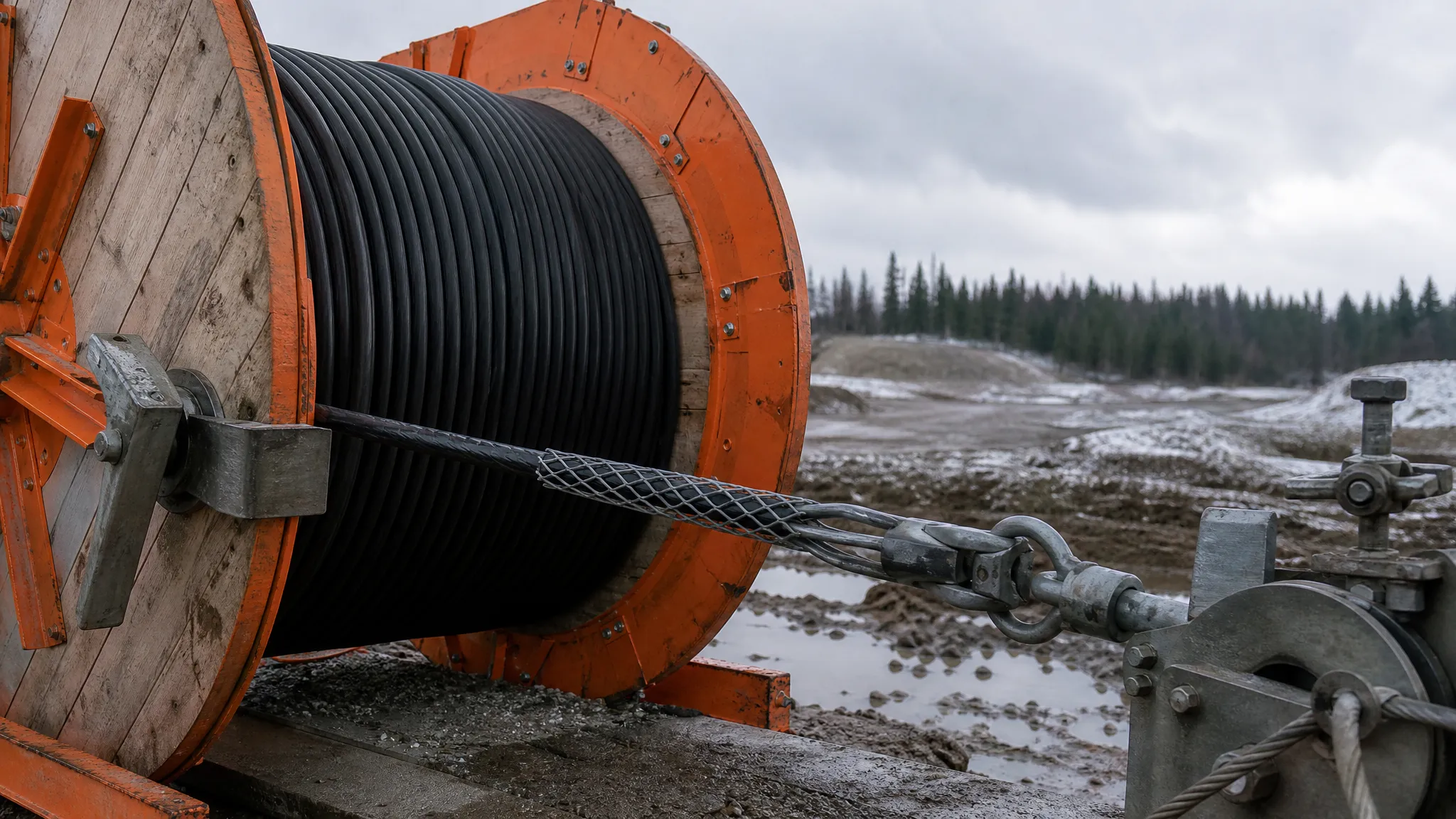 Heavy steel wire armored fiber optic cable being pulled from a large reel with a pulling grip under tension