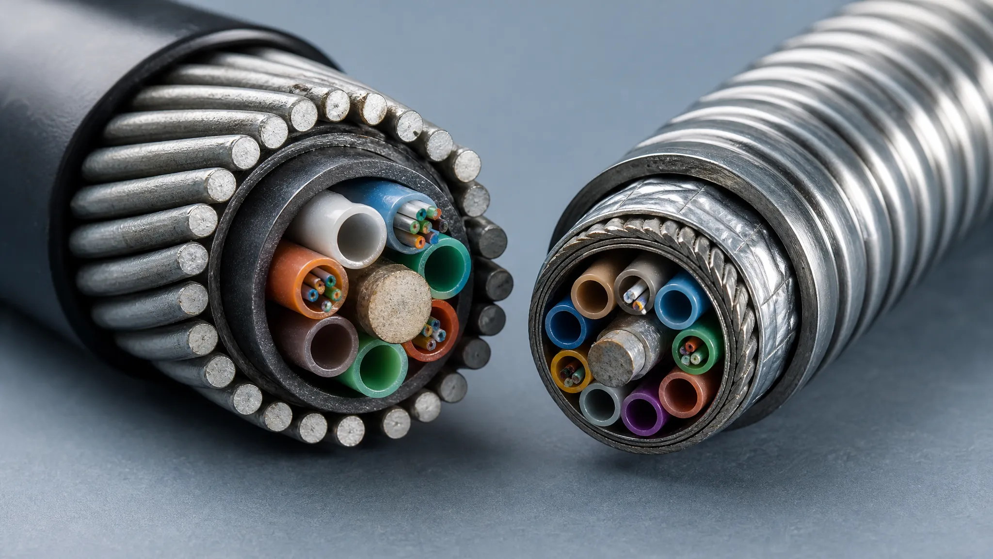 Cross-section cutaway comparing a steel wire armored fiber cable and a double armored steel tape cable side by side