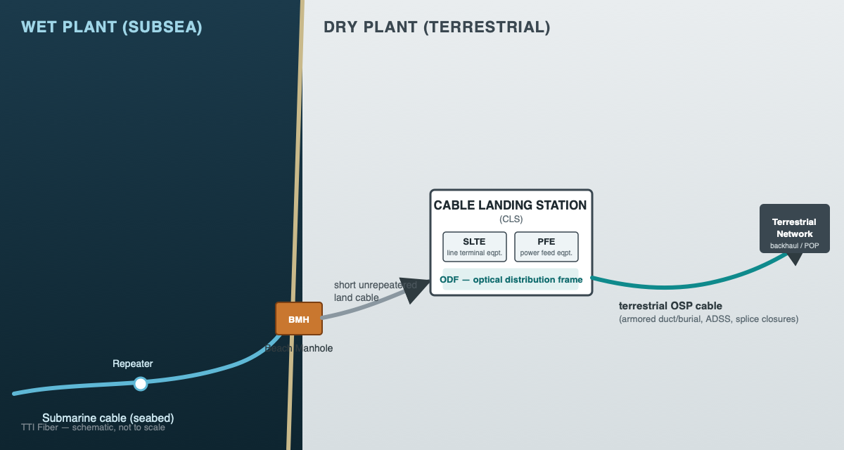 Schematic diagram of a submarine cable landing site showing the wet plant to dry plant handoff: beach manhole, cable landing station with SLTE, PFE, and ODF, and the terrestrial network connection