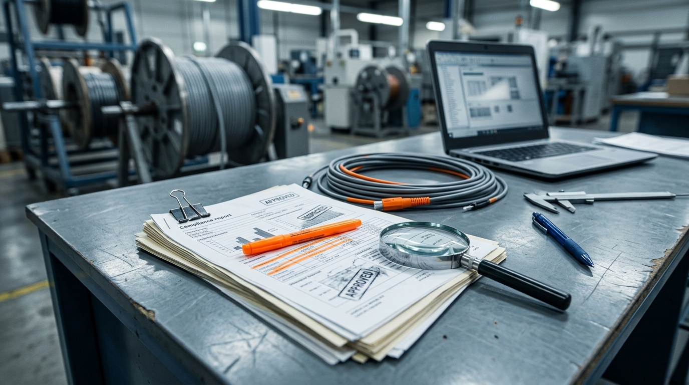 Engineer reviewing supplier CE RoHS REACH compliance documents beside a fiber optic cable sample during procurement inspection