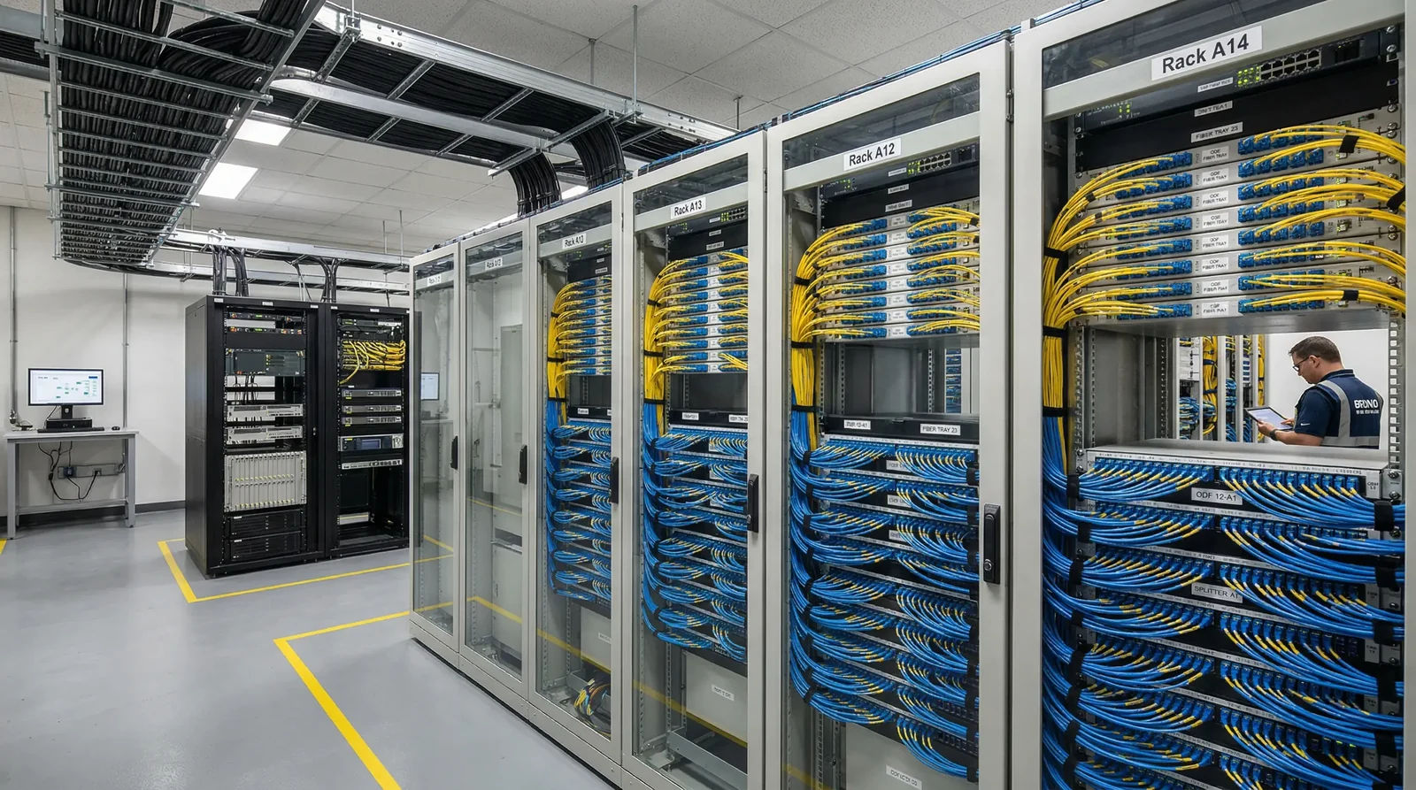 Telecom room with racks of fiber patch panels and neatly routed patch cords, the distribution point of a hierarchical star cabling system