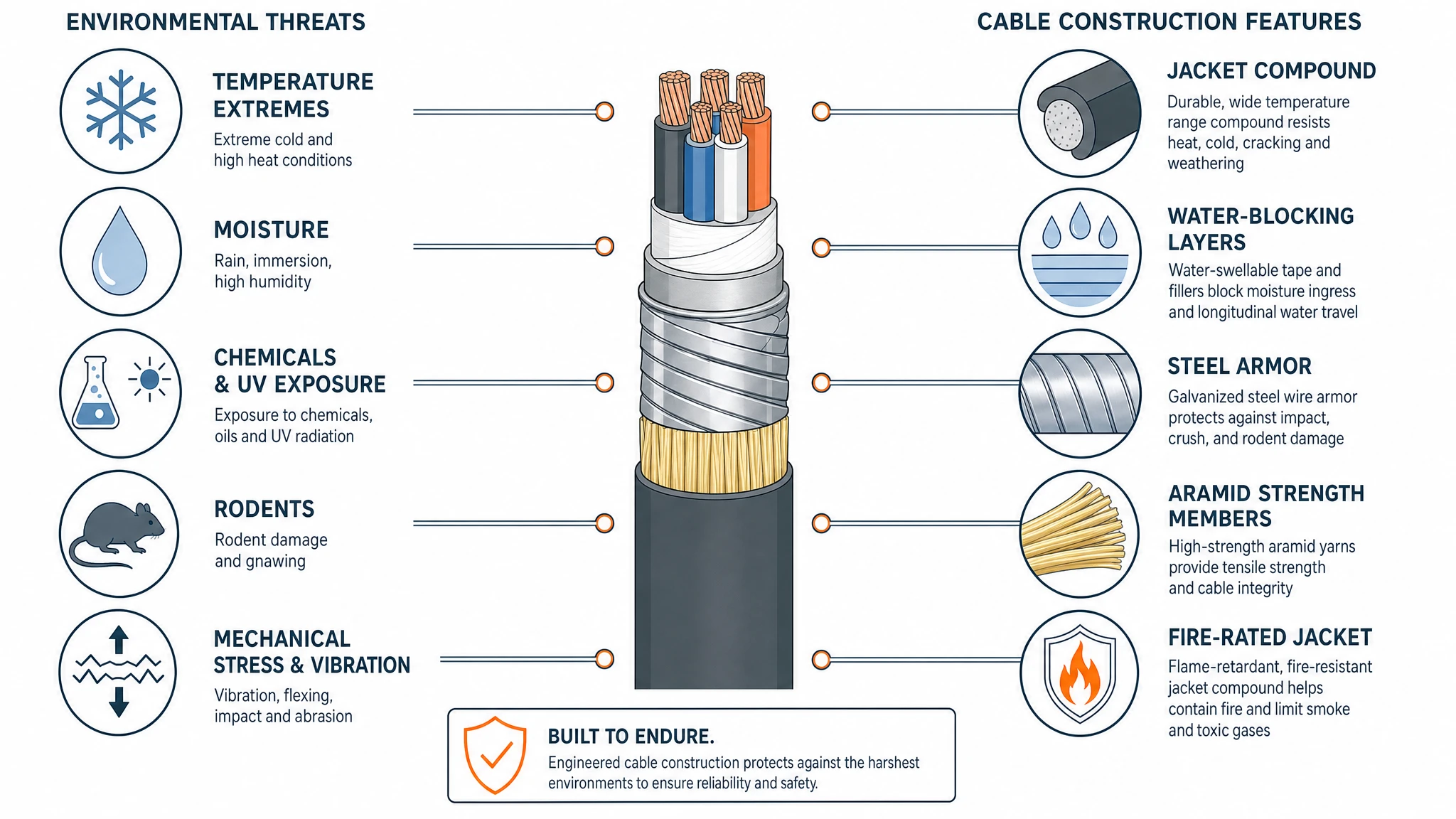 Five environmental threats mapped to the cable construction features that counter each one