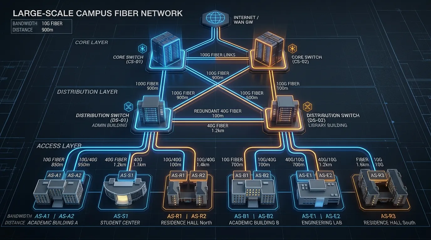 Fiber optic cables connecting campus buildings through underground conduit with blueprint overlay