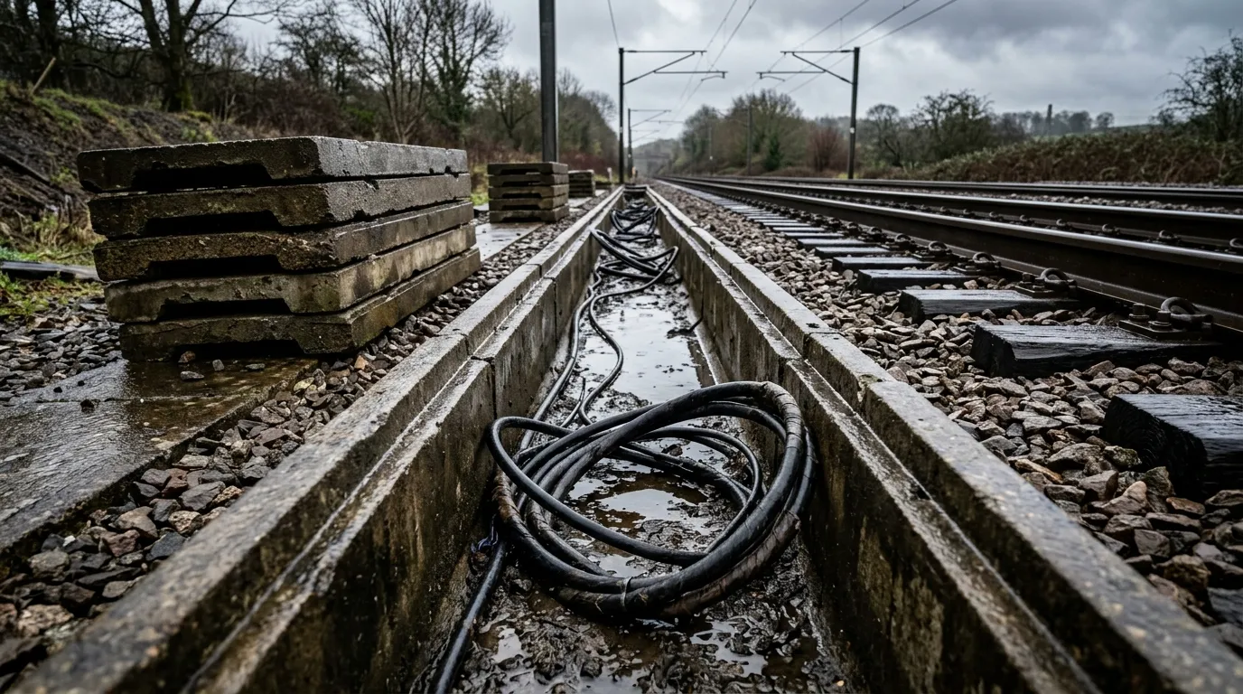Open concrete cable troughing route beside a ballasted railway track with the lids lifted and armored cables lying in the channel