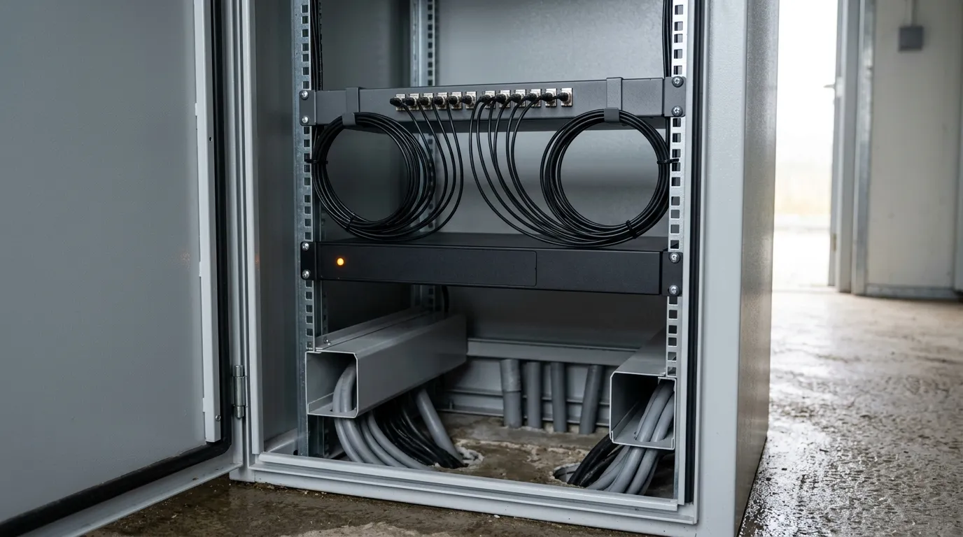 Open trackside telecoms cabinet with a rack-mounted optical sensing interrogator and fiber patch cords looped to a patch panel