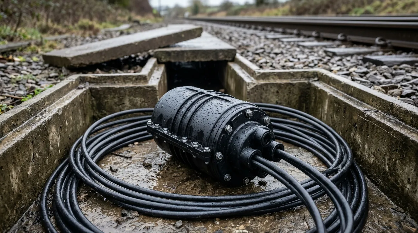 Fiber optic splice closure sitting in a concrete joint bay beside a trackside cable trough route with coiled armored cables looped around it