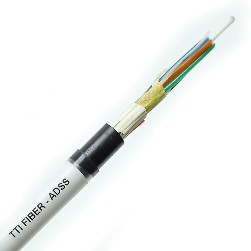 Close-up of a single TTI Fiber ADSS cable cut back to show the loose-tube core, central strength member and yellow aramid yarn beneath the printed white PE jacket marked "TTI FIBER - ADSS"