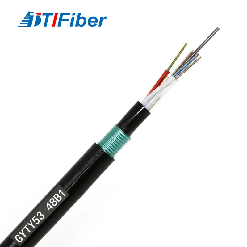 A black GYTY53 armored underground fiber optic cable with the loose-tube core and steel-tape armor exposed