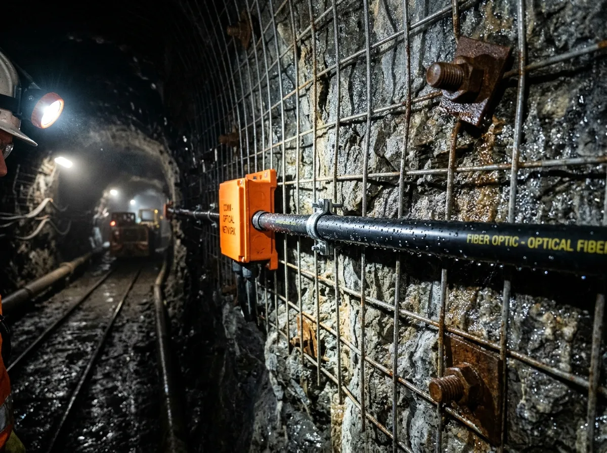 Fiber optic cable routed along the wall of a wet underground mine drift