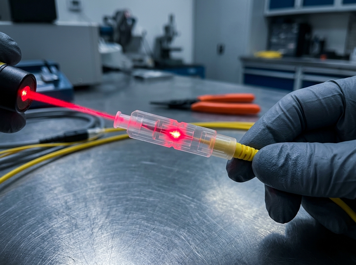 Red VFI laser beam passing through a terminated fast connector body to verify the internal fiber splice is good