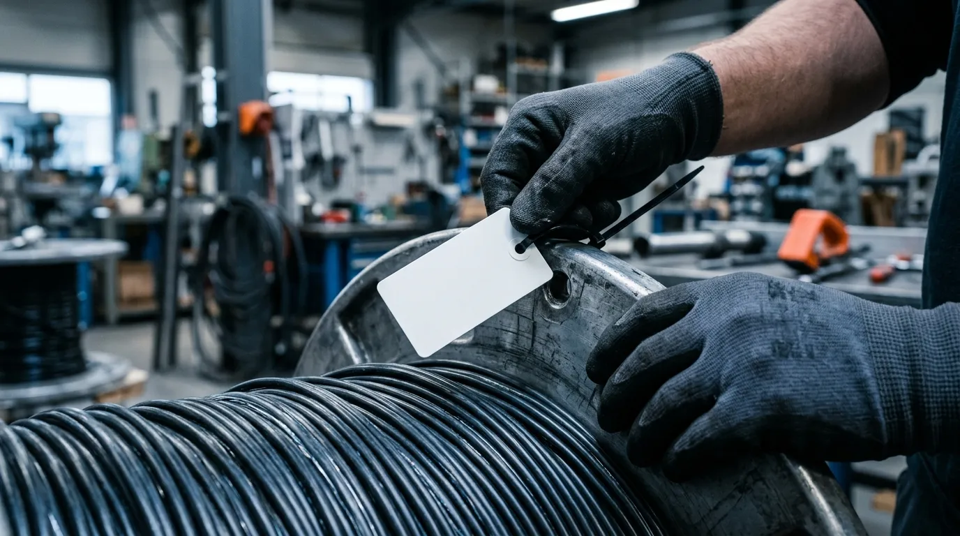 Technician inspecting a fiber optic cable reel with a fresh blank brand label during white-label OEM certification preparation