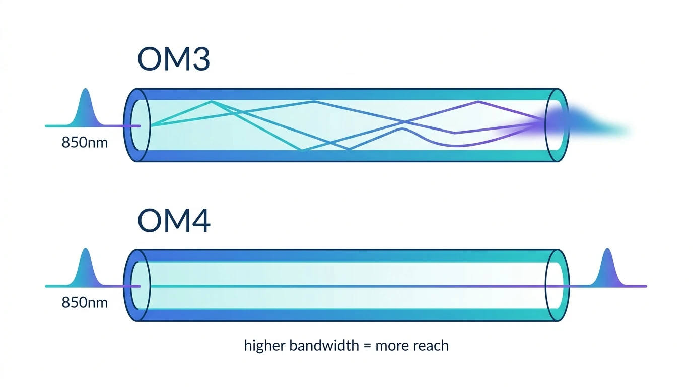 Why OM4 reaches farther than OM3: an 850nm pulse spreads from differential mode delay in OM3 but stays sharp over more distance in OM4