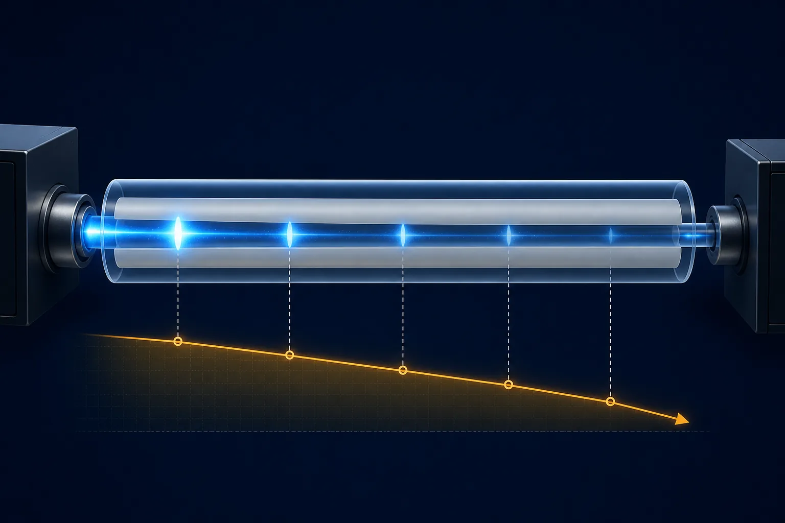 Blue optical signal becoming weaker as it travels through a fiber, illustrating distance-related fiber loss